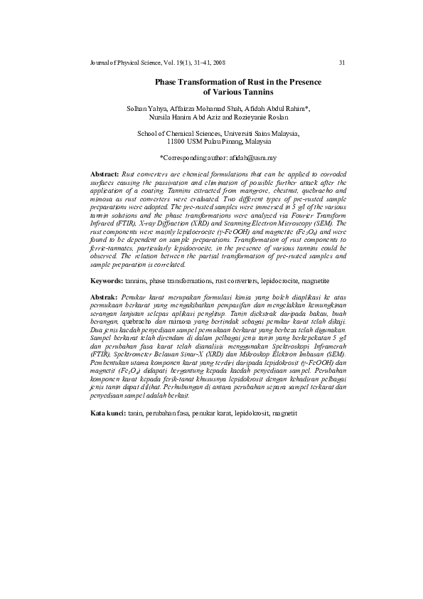 (PDF) Phase Transformation of Rust in the Presence of Various Tannins