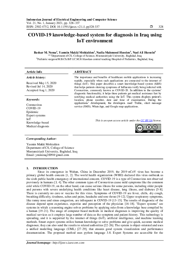 COVID-19 knowledge-based system for diagnosis in Iraq using IoT environment