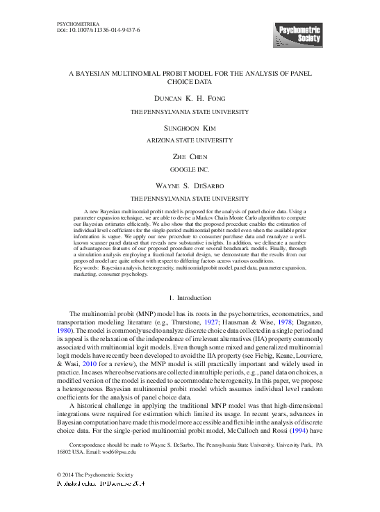 (PDF) A Bayesian Multinomial Probit MODEL FOR THE ANALYSIS OF PANEL ...