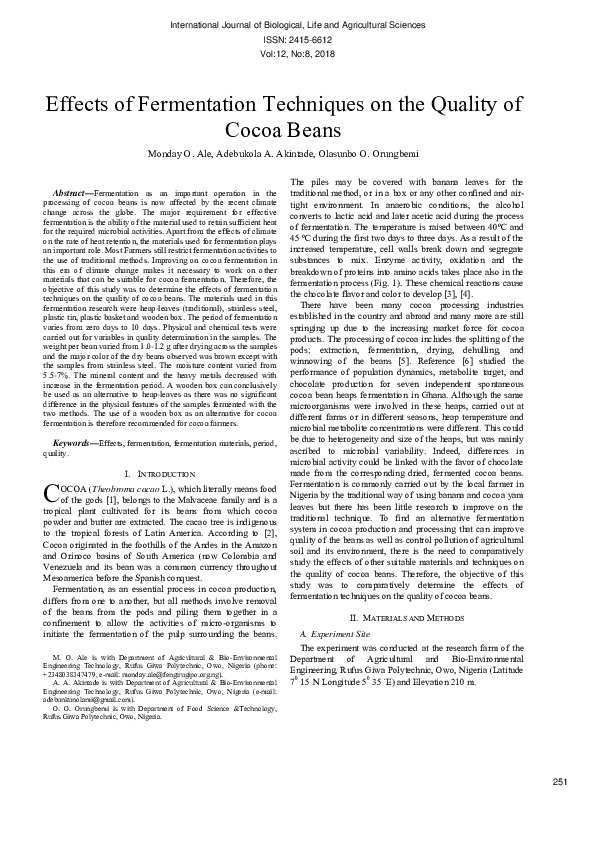 (PDF) Effects of Fermentation Techniques on the Quality of Cocoa Beans