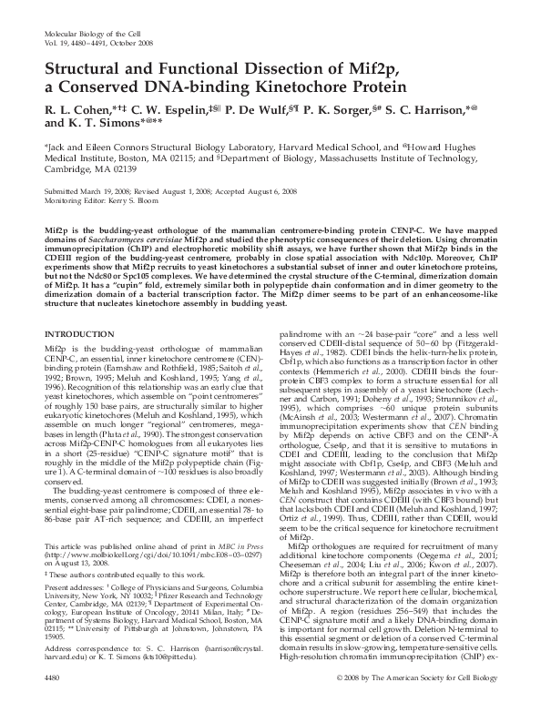 (PDF) Structural and functional dissection of Mif2p, a conserved DNA ...