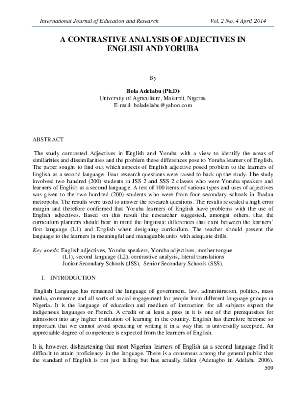 (PDF) A Contrastive Analysis of Adjectives in English and Yoruba