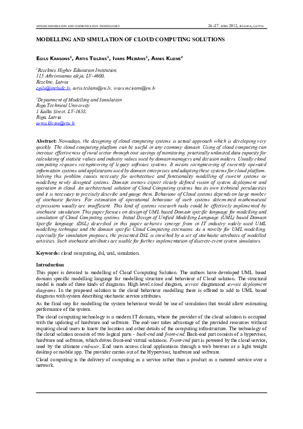 (PDF) Modelling and Simulation of Cloud Computing Solutions