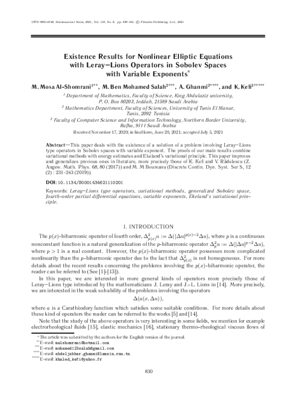 (PDF) Existence Results for Nonlinear Elliptic Equations with Leray ...