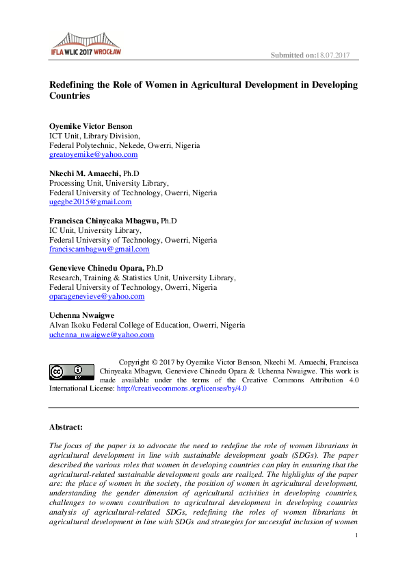 (PDF) Redefining the Role of Women in Agricultural Development in ...