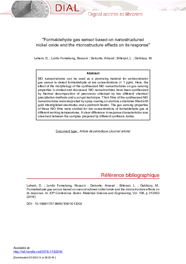 (PDF) Formaldehyde gas sensor based on nanostructured nickel oxide and ...