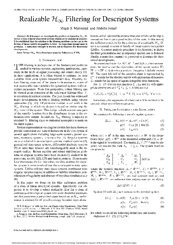 (PDF) Realizable ℌ∞ filtering for descriptor systems