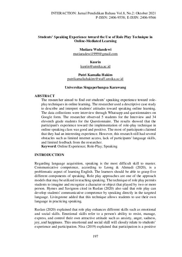 (PDF) Students’ Speaking Experience toward the Use of Role Play ...