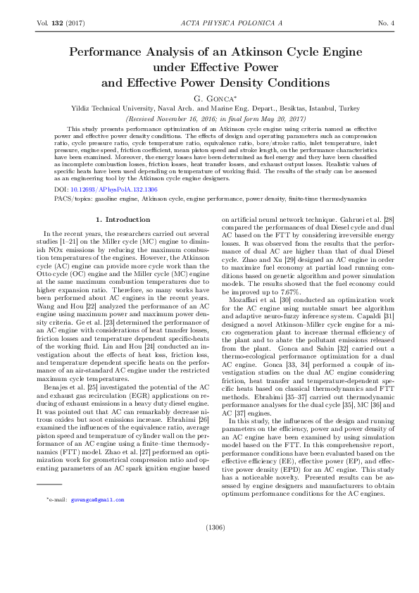 (PDF) Performance Analysis of an Atkinson Cycle Engine under Effective ...
