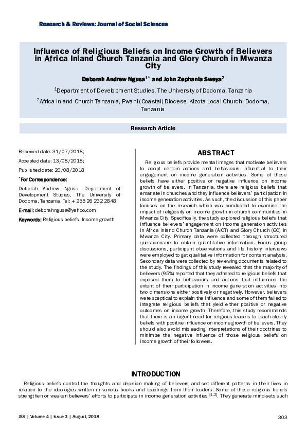 (PDF) Influence of Religious Beliefs on Income Growth of Believersin ...