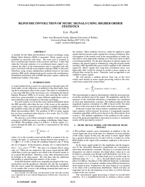 (PDF) Blind deconvolution of music signals using Higher Order Statistics
