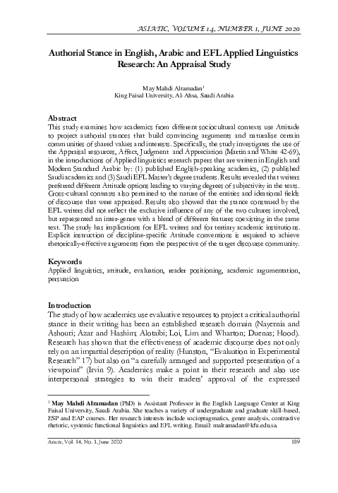 (PDF) Authorial Stance in English, Arabic and EFL Applied Linguistics ...