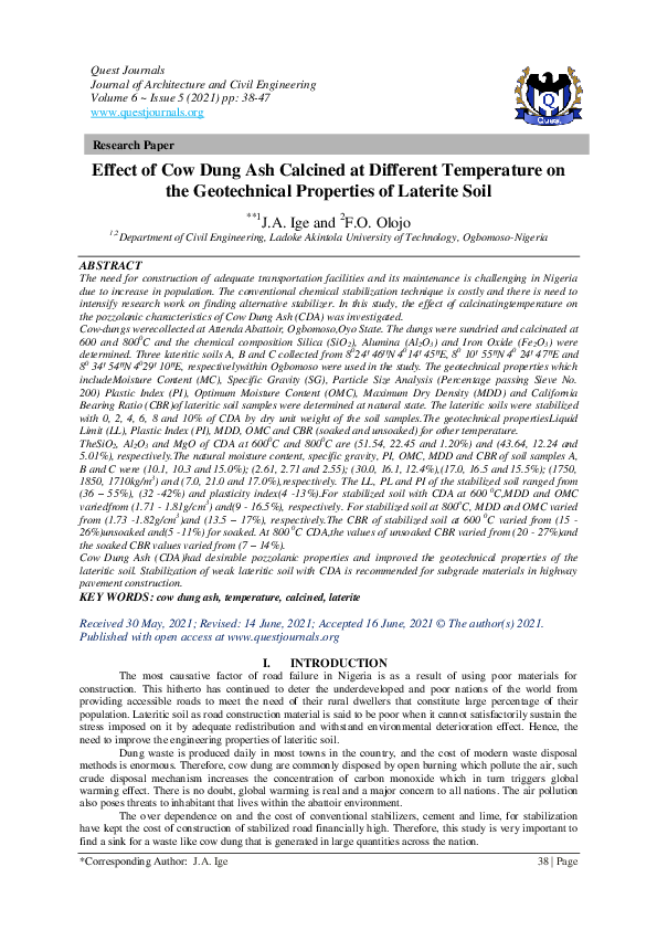 (PDF) Effect of Cow Dung Ash Calcined at Different Temperature on the ...