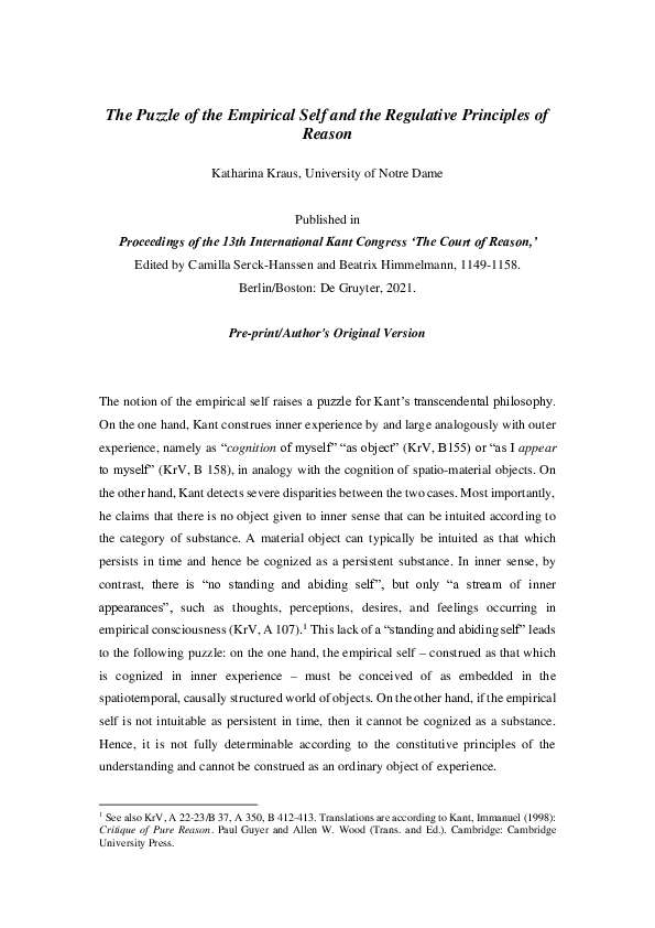 (PDF) The Puzzle of the Empirical Self and the Regulative Principles of ...