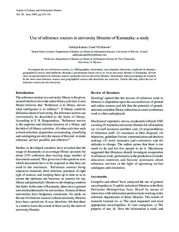 (PDF) Use of reference sources in university libraries of Karnataka: a ...