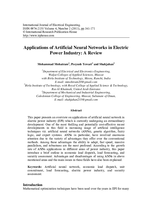 (PDF) Applications of Artificial Neural Networks in Electric Power ...