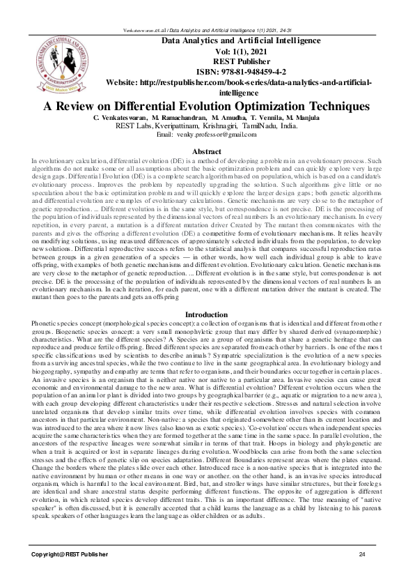 (PDF) A Review on Differential Evolution Optimization Techniques