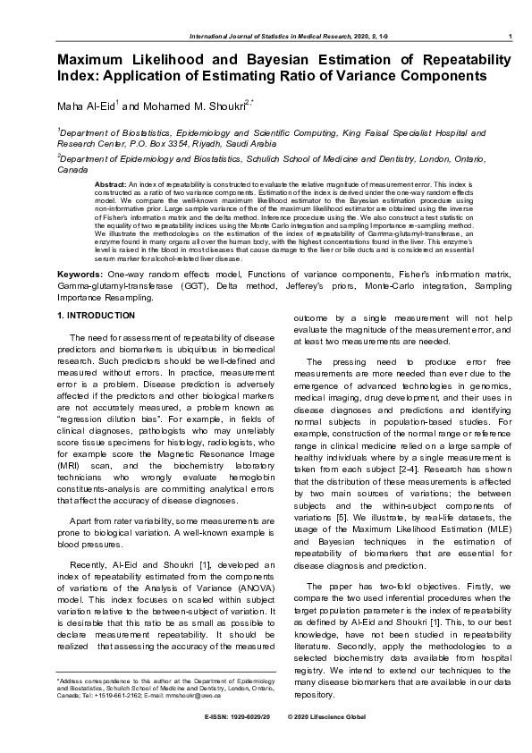 (PDF) Maximum Likelihood and Bayesian Estimation of Repeatability Index ...