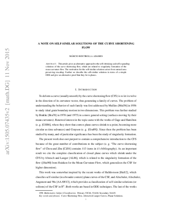(PDF) A Note on the Planicity of Self-Similar Solutions of the Curve ...