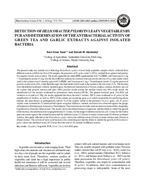 (PDF) Detection of Helicobacter Pylori in Leafy Vegetables by PCR and