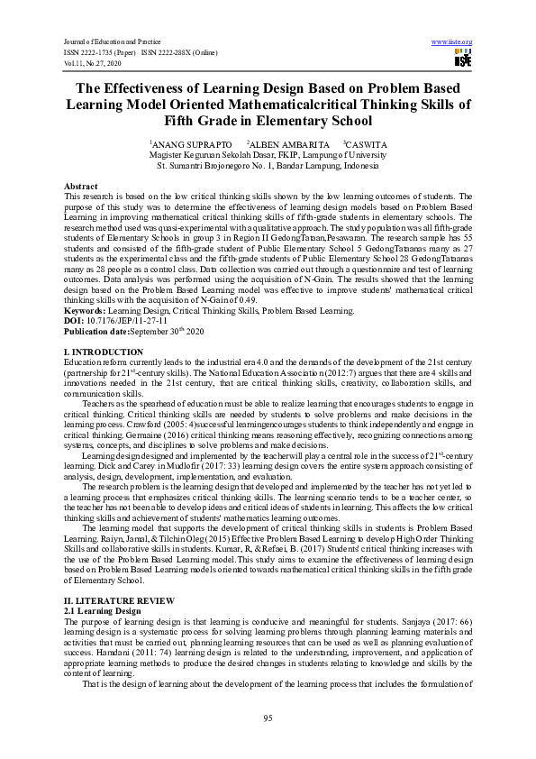 (PDF) The Effectiveness of Learning Design Based on Problem Based ...
