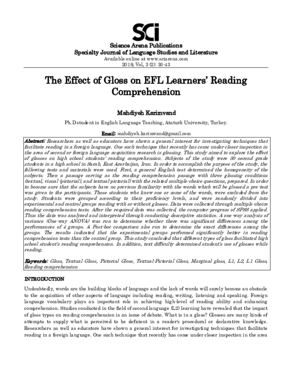 (PDF) The Effect of Gloss on EFL Learners ’ Reading Comprehension