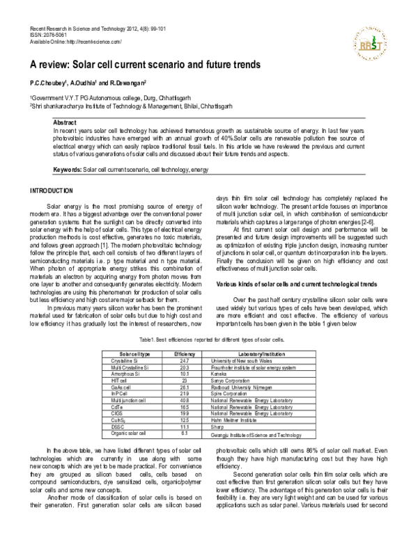 (PDF) A review: Solar cell current scenario and future trends