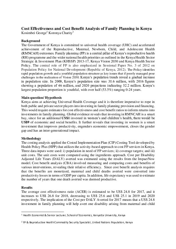 (PDF) Cost Effectiveness and Cost Benefit Analysis of Family Planning