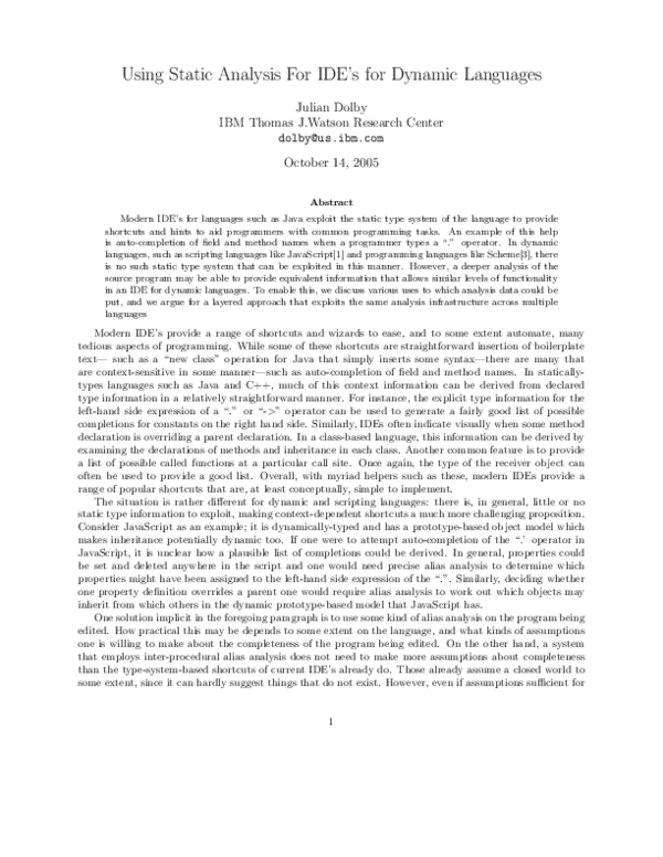 (PDF) Using Static Analysis For IDE ’ s for Dynamic Languages