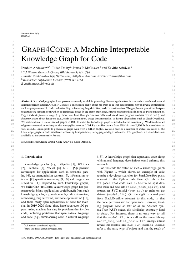 (PDF) Graph4Code: A Machine Interpretable Knowledge Graph for Code