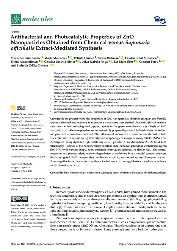 (PDF) Antibacterial and Photocatalytic Properties of ZnO Nanoparticles ...