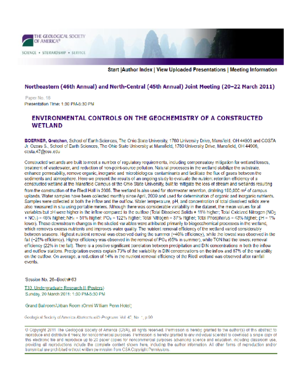 (PDF) Environmental controls on the geochemistry of a constructed wetland