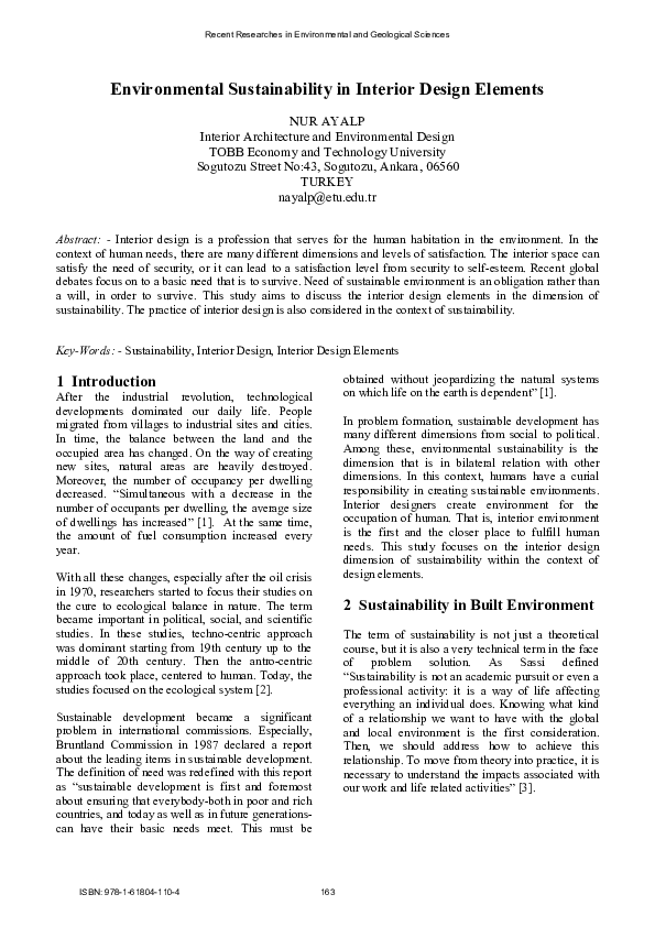(PDF) Environmental Sustainability in Interior Design Elements