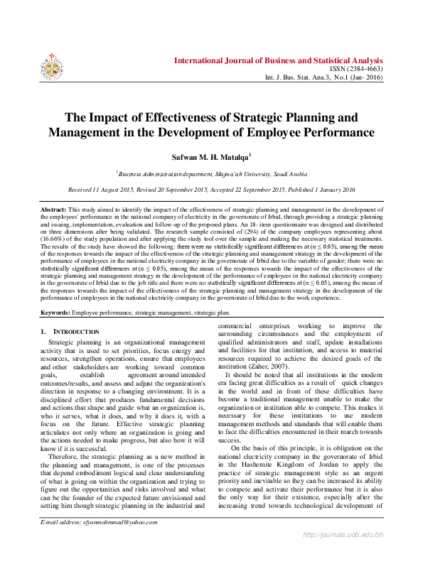 (PDF) The Impact of Effectiveness of Strategic Planning and Management ...