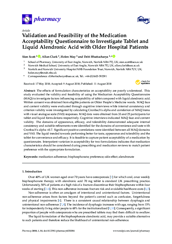 (PDF) Validation and Feasibility of the Medication Acceptability ...