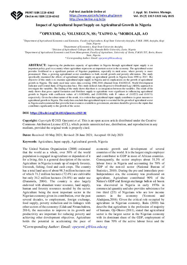 (PDF) Impact of Agricultural Input Supply on Agricultural Growth in Nigeria