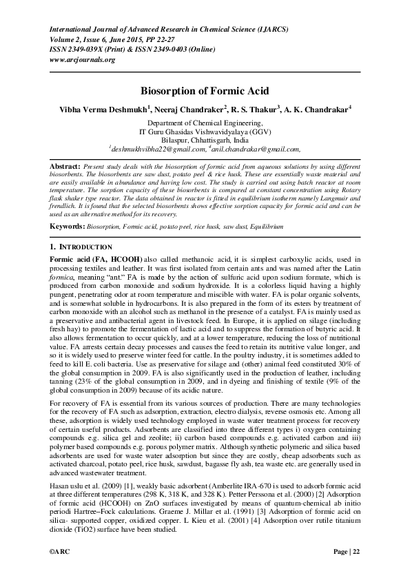 (PDF) Biosorption of Formic Acid