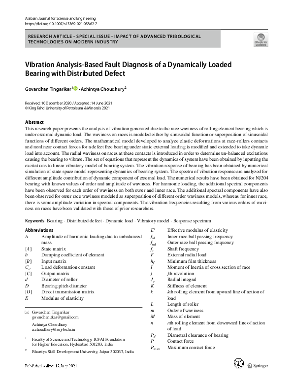 (PDF) Vibration Analysis-Based Fault Diagnosis of a Dynamically Loaded ...