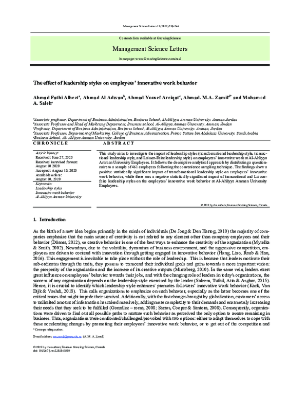 (PDF) The effect of leadership styles on employees’ innovative work ...