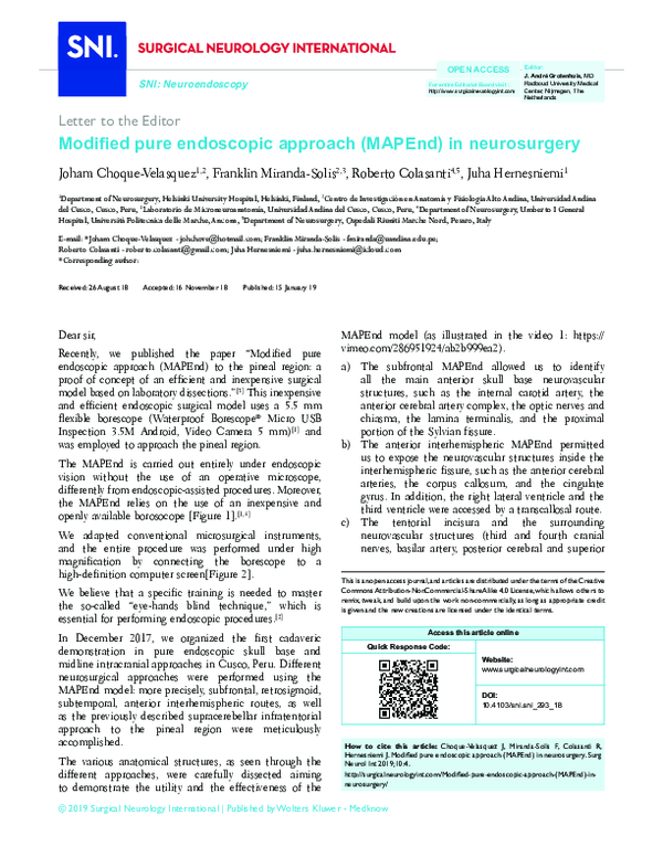 (PDF) Modified pure endoscopic approach (MAPEnd) in neurosurgery
