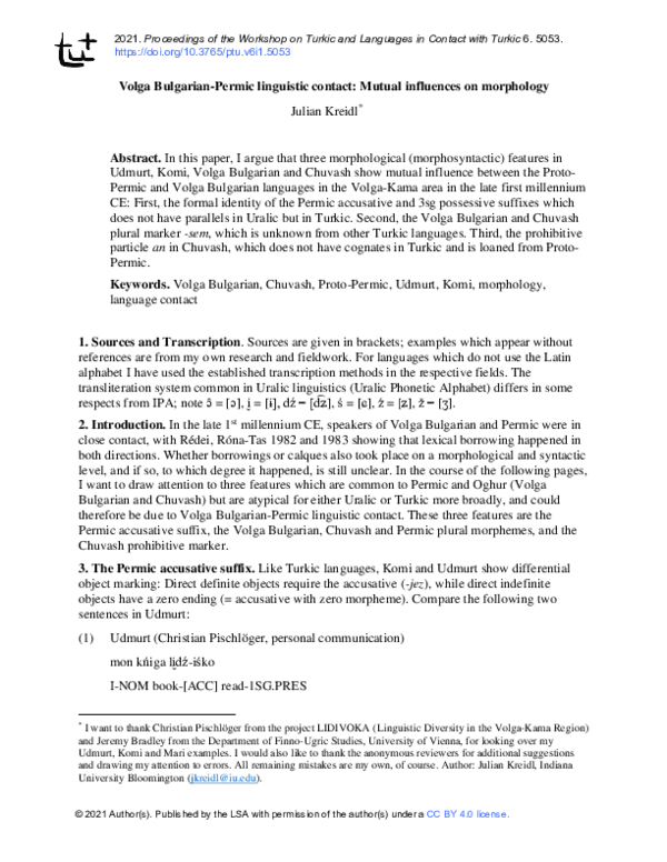 (PDF) Volga Bulgarian-Permic linguistic contact: Mutual influences on ...