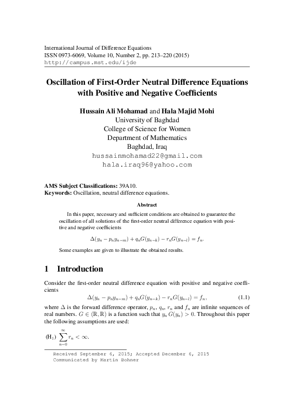 (PDF) Oscillation of First-Order Neutral Difference Equations with ...