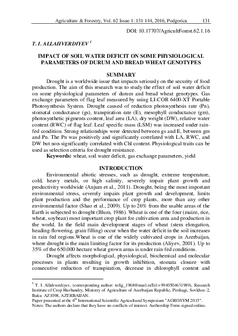 (PDF) Impact of Soil Water Deficit on Some Physiological Parameters of ...