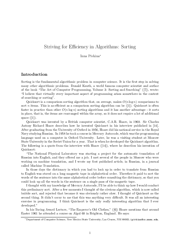 (PDF) Striving for Efficiency in Algorithms : Sorting