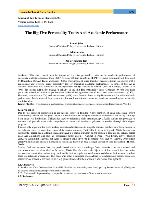 (PDF) The Big Five Personality Traits and Academic Performance