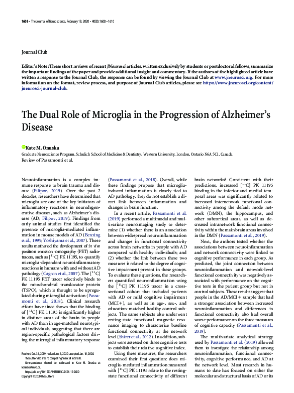 (PDF) The Dual Role of Microglia in the Progression of Alzheimer's Disease