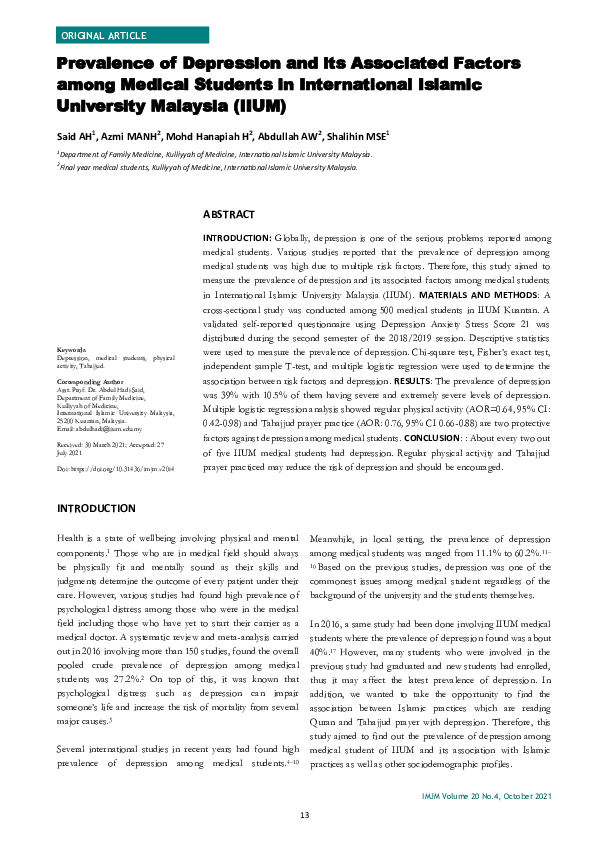 (PDF) Prevalence of Depression and its Associated Factors among Medical ...