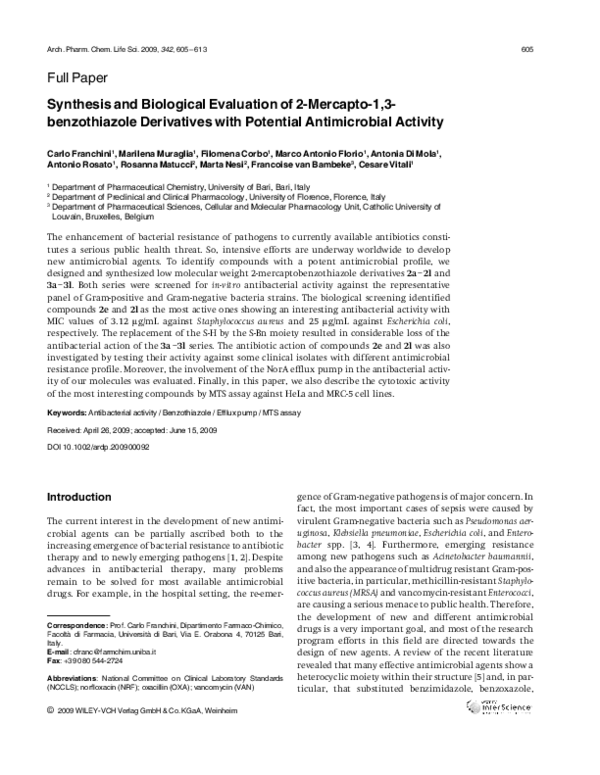 (PDF) Synthesis and Biological Evaluation of 2Mercapto1,3-benzothiazole ...