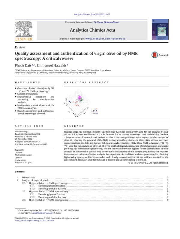 (PDF) Quality assessment and authentication of virgin olive oil by NMR ...