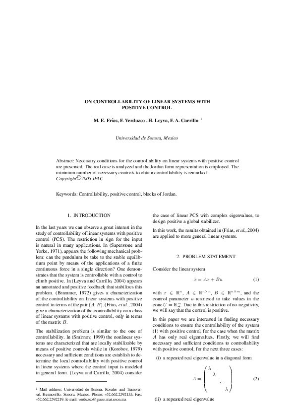 (PDF) On controllability of linear systems with positive control